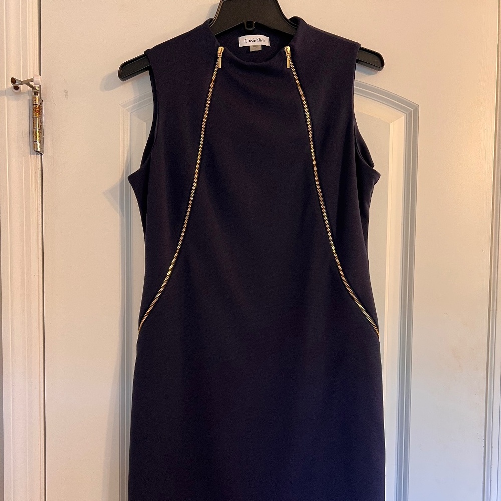 Calvin Klein Navy Zip-Front Sheath Dress | Size 10 (Fits Like 8) | NWT